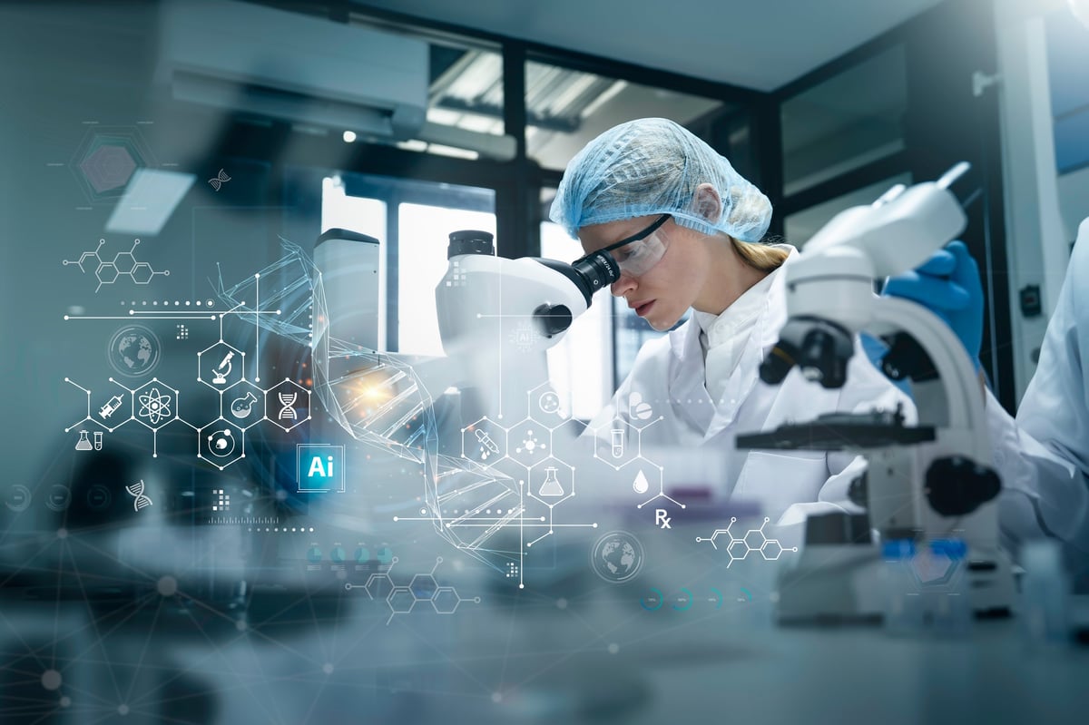 Research and scientist use ai technology, biotechnology for Medical research in laboratory with microscope, experiment to examine cells, microorganisms, investigation for study and development